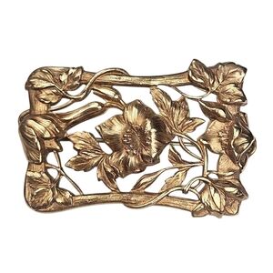 Antique Art Nouveau Sash Pin Flower Brooch Rose Gold Gilt Repousse FNCO 1900s 3"
